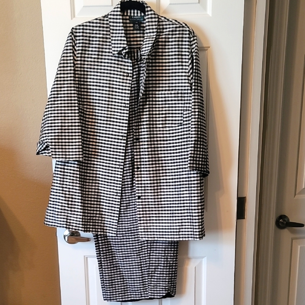 Ralph Lauren Silk Black and White Checkered Shirt and Pants Set.  18W EUC